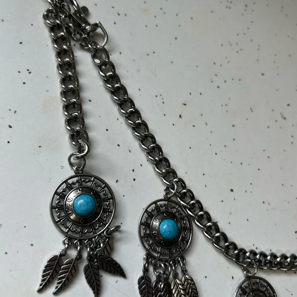 Silver‎ Chain Belt with Turquoise Details feather dream catcher